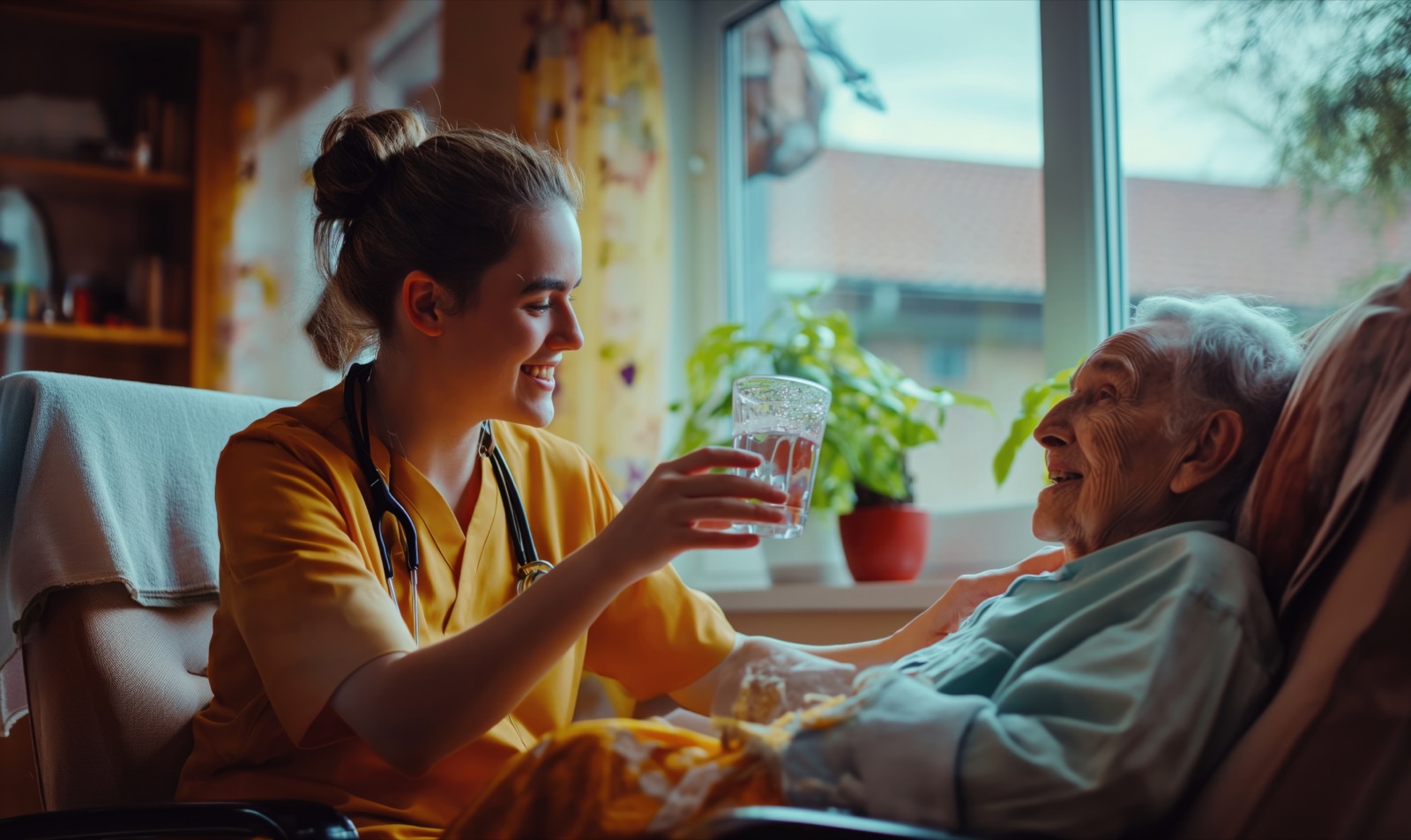 Eine Pflegerin reicht einer älteren Person ein Glas Wasser